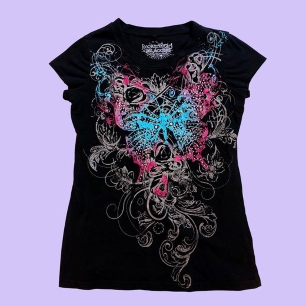 Y2K Rocker Girl Graphic Tee Black Butterfly Scene Shirt Grunge #17